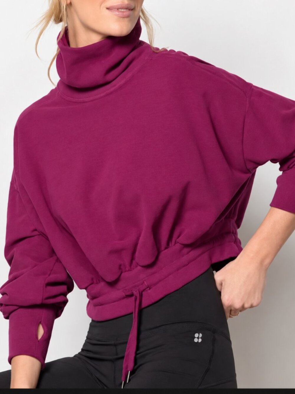 Sweaty Betty Cowl Neck Drawstring Sweatshirt Medium Berry Plum Made Italy